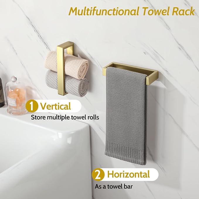 Sayayo Brushed Gold Towel Bar for Bathroom, 8 Inch Hand Towel Holder Wall Mount Square Towel Ring SUS304 Stainless Steel Towel Rack
