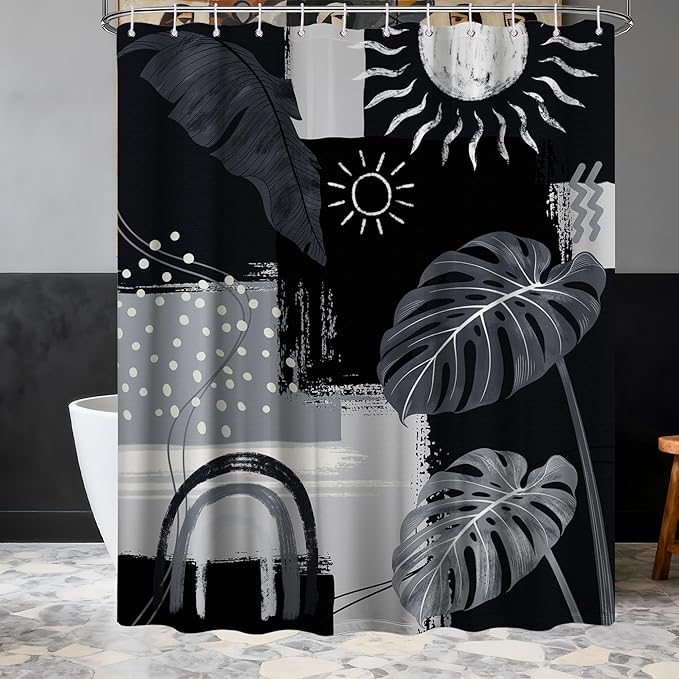 Black and Gray Mid Century Modern Shower Curtain Bohemian Abstract Dark Black and Grey Shower Curtains for Bathroom Decor Sets, Waterproof Cloth Fabric with Hooks, 60x72 Inch