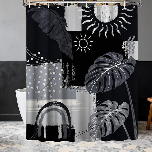 Black and Gray Mid Century Modern Shower Curtain Bohemian Abstract Dark Black and Grey Shower Curtains for Bathroom Decor Sets, Waterproof Cloth Fabric with Hooks, 60x72 Inch
