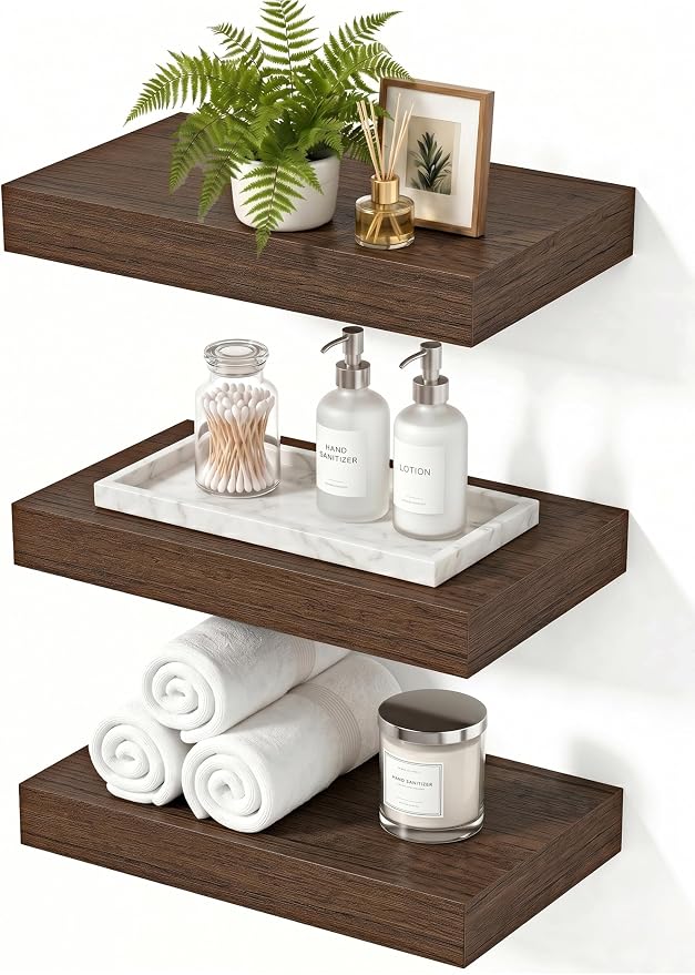 Floating Shelves, Walnut-Like Wooden Set of 3 Wall Mounted Bathroom Shelves Over Toilet, Modern Small Hanging Shelves for Bedroom Living Room Kitchen Rustic Home Decor, 12" x 7" x 1.5"