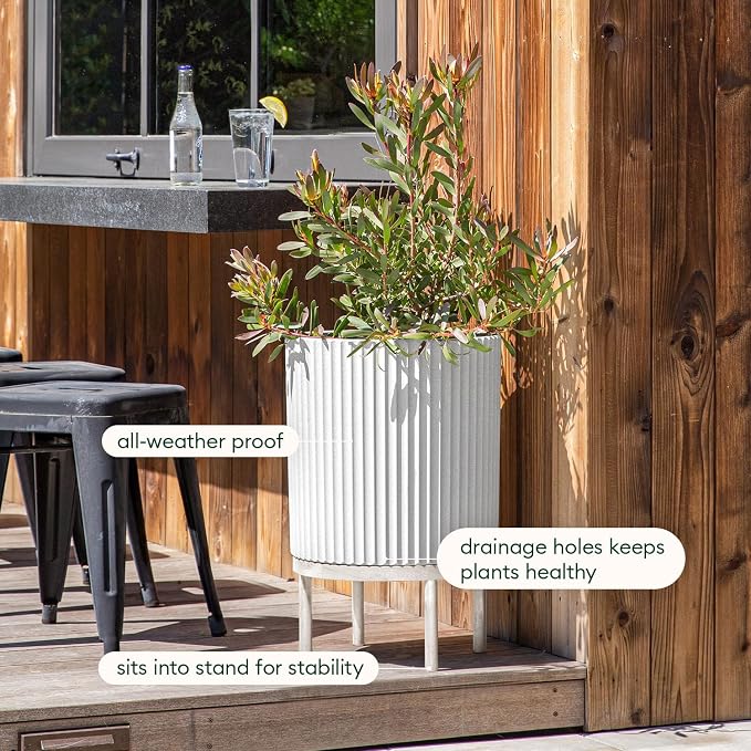 Veradek Demi Series Round Planter w/ Stand for Porch/Patio | Durable Plastic-Stone composite & Wooden Stand | Modern Décor for Tall Plants, Flowers