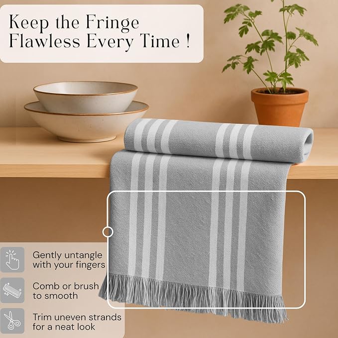 Prewashed Stripe Kitchen Towels 12 Pack, 100% Cotton Tea Towels, 16"x26" Quick Dry Dish Cloths for Drying, Reusable Wash Cloths for Cleaning, Absorbent and Washable - Light Grey