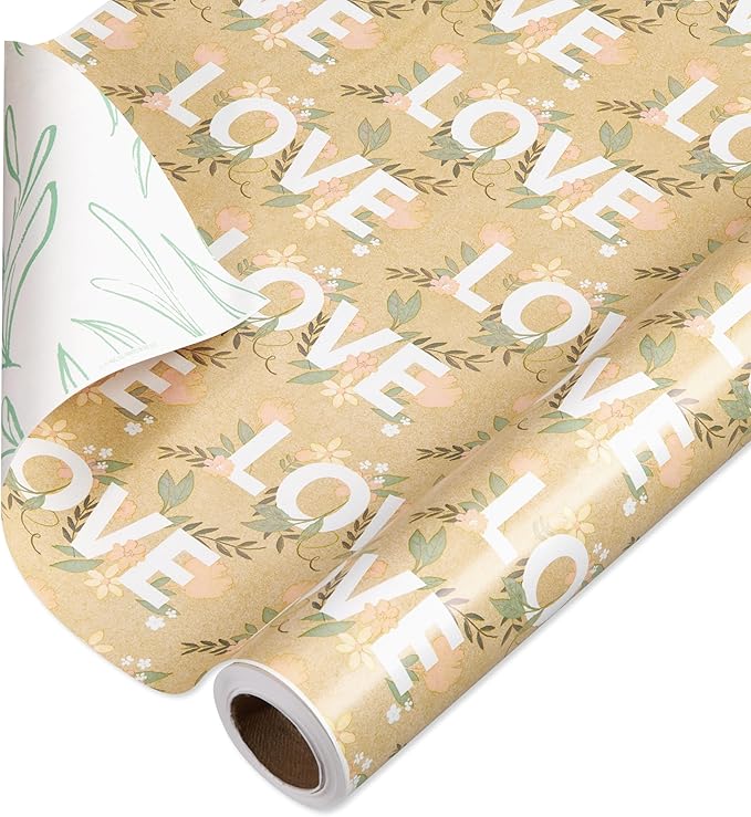 American Greetings 175 sq. ft. Reversible Flower Wrapping Paper Bundle for Weddings, Bridal Showers, Engagement, Anniversaries and All Occasions, Love Text and Floral (1 Roll, 30 in x 70 ft.)