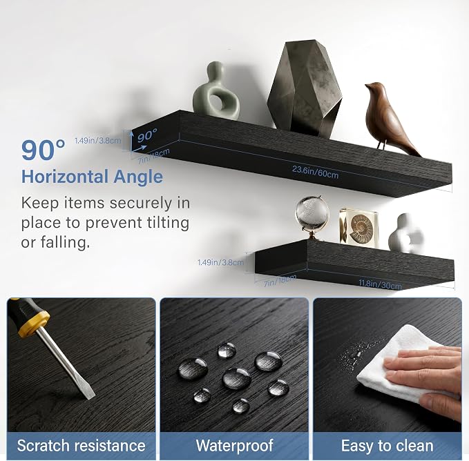24 Inch Black Floating Shelves for Bathroom Storage, Wall Mounted Wood Shelves for Bedroom, Living Room & Kitchen, Modern Display Shelves Set of 2