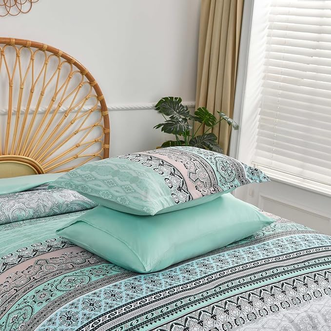 Cottolester Boho Comforter Set Full Size,8 Piece Bed in a Bag Sage Green Paisley Comforter and Sheet Set,Striped Bedding Set Soft Microfiber Complete Bedding Set