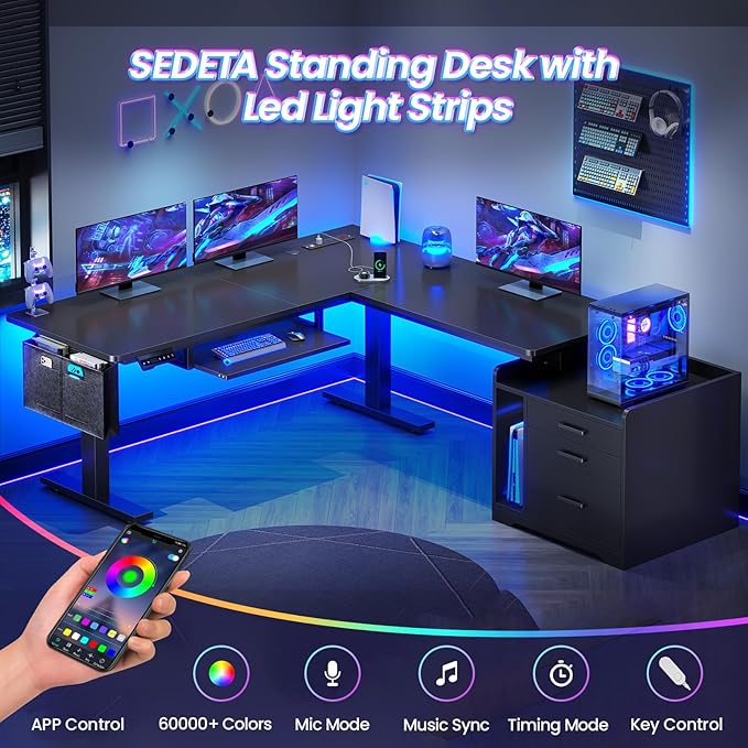 SEDETA L Shaped Electric Standing Desk with File Cabinet, 63 x 53'' Height Adjustable Home Office Computer Desk with Drawers, Power Outlet, Stand up Gaming Table with Led Lights, Keyboard Tray, Black