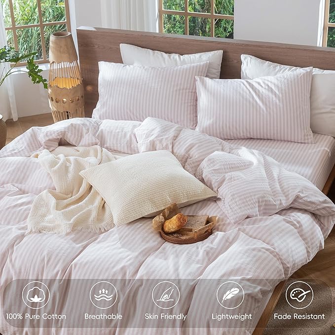 MooMee Striped Duvet Cover Set 100% Washed Cotton Linen Like Textured Breathable Durable Soft Comfy (Heathered Greyish Pink Classic Stripes, King 104"x90")