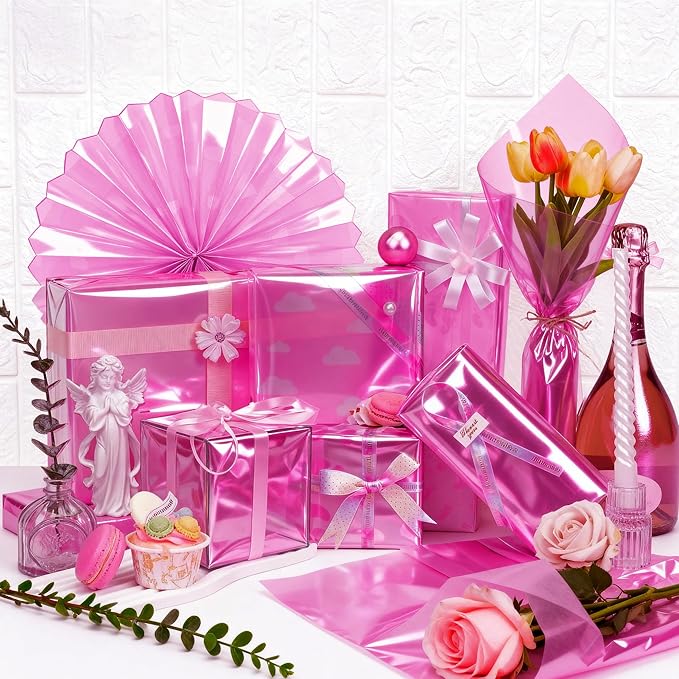 200 ft Pink Cellophane Wrap Roll (16 In x 200 Feet) - 2.5 Mil Thick for Gift Baskets, Bouquets, Party Decorations