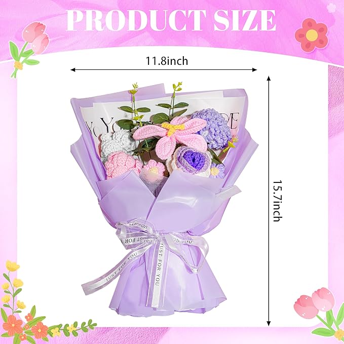 Crochet Flowers Bouquet 8PCS, Handmade Knitted Artificial Crochet Flower Gifts Tulips Roses Daisies Carnations, Preserved Flowers for Mother's Day Valentine's Day Birthday Home Decor- Purple (Purple)