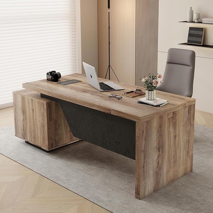 Modern Executive Desk, Rectangle Office Desk with Storage Cabinet, Width Adjustable Desks for Home Office, Business Desk Stand Under Table Storage Organizer, Mahogany