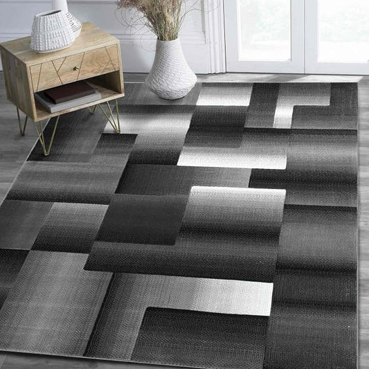HR 5’ x 7’ Rug in Shadow- Premium Quality Silver/Black/Gray Abstract Geometric Modern Squares Pattern Area Rug - Contemporary Styling for Living Room, Bedroom - Unique Home Décor
