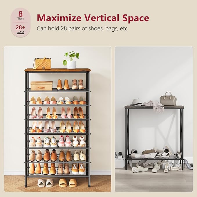 Tajsoon 8 Tier Free Standing Shoe Rack for 28-32 Pairs, X Shape Fixed Frame Metal Mesh Shoe Rack for Closet, Rustic Brown & Black