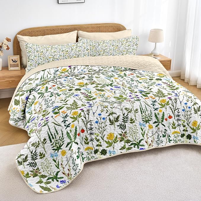 Quilt Set Full/Queen Size, Garden Floral 3 Pcs Soft Bed Cover Bedding Set, Country Rustic Farmhouse Lightweight Bedspread Coverlet with 2 Pillow Sham for All Season