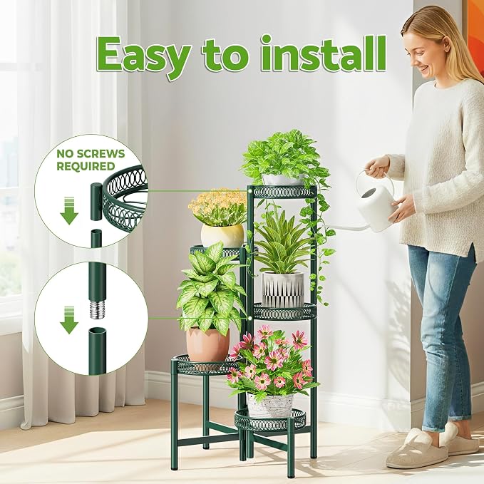 5-Tier Metal Plant Stand Indoor Outdoor, Corner Tall Plant Shelf for Multiple Plants, Foldable Plant Stand, Heavy Duty Flower Stand Holder for House Living Room Balcony Garden Patio -GreenFlower
