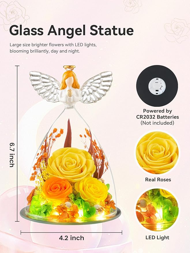 Gifts for Women Forever Flowers Preserved Rose in Glass Angel Figurine Real Colorful Roses Birthday Gifts for Her Grandma Sister Daughter Wife, Yellow