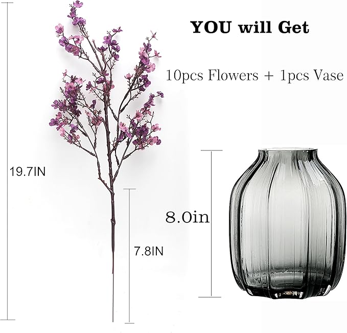 Babys Breath Silk Artificial Flowers Bulk With Vase 10pcs for Fall Decor Fake flower bouquet Bulk for Home Kitchen Indoor Bouquet Floral Arrangement Table Centerpieces Decor(Autumn Purple )