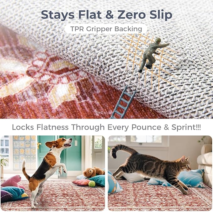 OPPODREAM Vintage Red Area Rugs 9x12, 9 x 12 Retro Washable Rug Non Slip, Low-Pile Faux Wool Carpet, Distressed Floor Mat for Living Room, Bedroom, Office, Dorm, Dinning Room, Big & Large