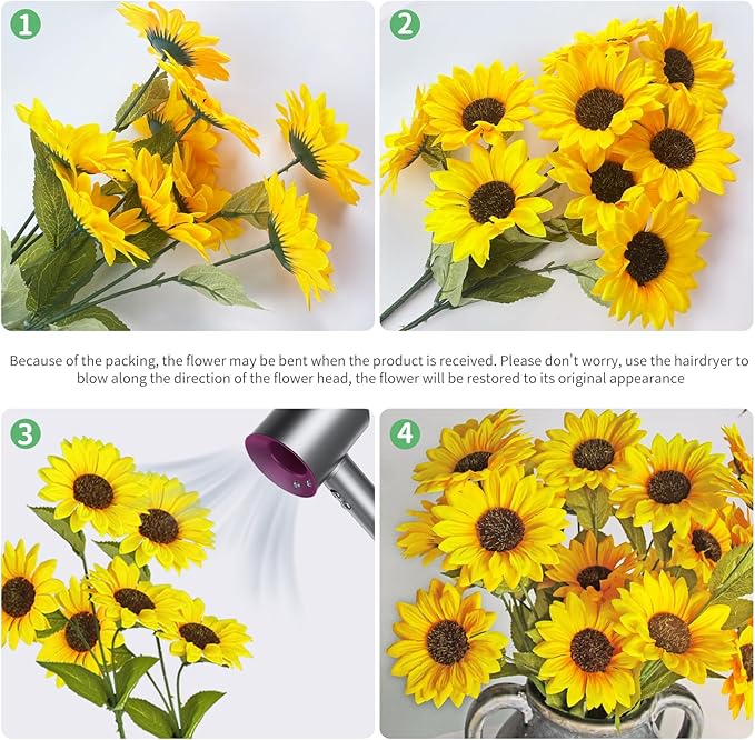 Artificial Sunflowers 23.6in 10 Bundles Total 30 Heads Fake Flowers Bouquet,Realistic Silk Artificial Yellow Sunflowers for Wedding Home Office Parties Summer Decoration