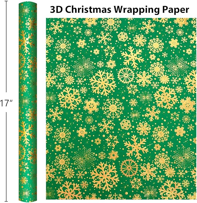 Flyhill Kraft Christmas Green Wrapping Paper,Gold Luxury Snowflake Metallic Gold Embossed Foil Gift Wrap Roll Design for Holiday, Party,Celebration, New Year (17 Inch X 32.8 Feet)