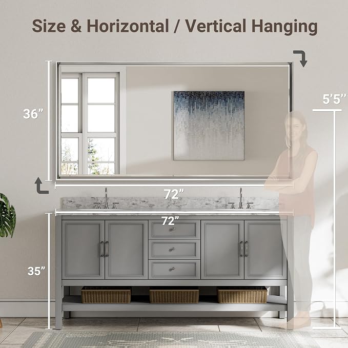 72'' x 36'' Large Beveled Silver Bathroom Vanity Mirror, Shatterproof Rectangle Silver Metal Framed Mirror for Bathroom Wall, Anti-Rust Wall-Mounted Mirror