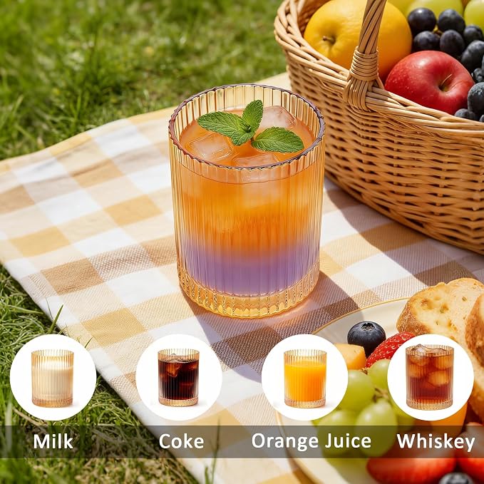 14 oz Ribbed Drinking Glasses Set of 6, High Clear Vintage Iced Coffee Cups Elegant Glassware, Highball Glass Cups Ridged Glass Tumbler for Cocktail, Whiskey, Beer, Water, Juice, Origami Style Amber