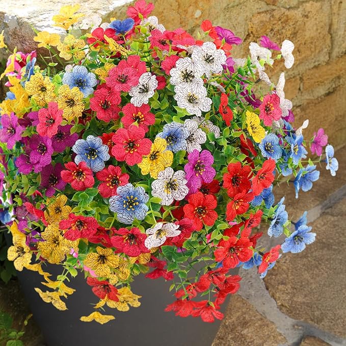 Artificial Spring Flowers Outdoor Faux Plants UV Resistant Fake Patio Flowers Plastic Greenery Plnats Outside Bulk for Spring Garden Hanging Planter Home Vase Decor, 12 Bundles (Multicolor)