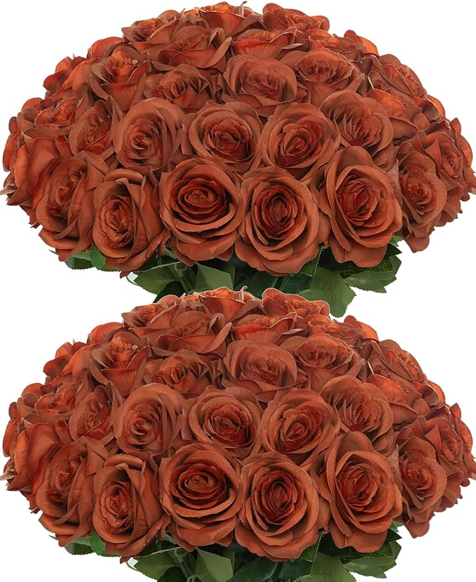 50pcs Artificial Roses Flowers in Bulk,Realistic Silk Fake Rose with Long Stem for Wedding Centerpieces Bouquet Party Floral Arrangement Home Decoration (Burnt Orange)