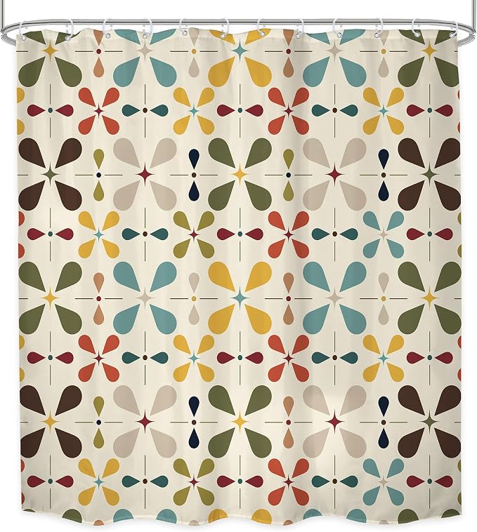 Boho Mid Century Shower Curtain Bathroom Set 71Wx71H Inches Modern Abstract Bohemian Vintage Colourful Geometric Retro Bath Accessories Water Drop Art Home Decor Fabric 12 Pack Hooks