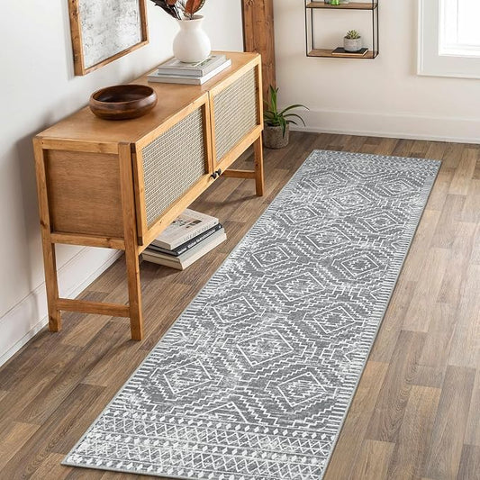 Wonnitar Moroccan 2'6"x8' Washable Kitchen Runner Rug with Rubber Backing, Non-Slip Grey Rug Runner for Hallway, Thin Farmhouse Geometric Carpet Runner for Bedroom Entryway (Silver Grey,2'6"x8')