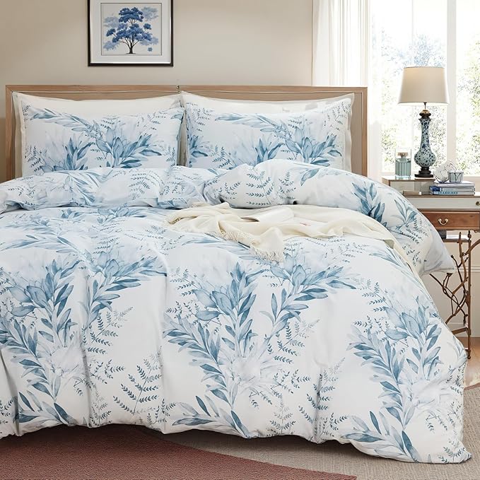100% Cotton Duvet Cover Queen Size 3 Pieces, Blue Leaf Duvet Cover with Zipper Closure, Soft Floral Bedding Set White and Blue for All Season, Breathable, Ultra Soft