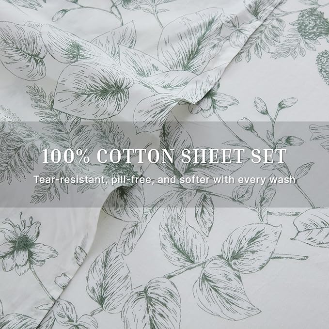 100% Cotton Sheet Set Queen Size – 4-Piece Chic Garden Floral Bedding Set, Soft Breathable Percale Weave, Deep Pocket Fitted Sheet 17.5", Crisp Cool Feel, Refined Botanical Elegance