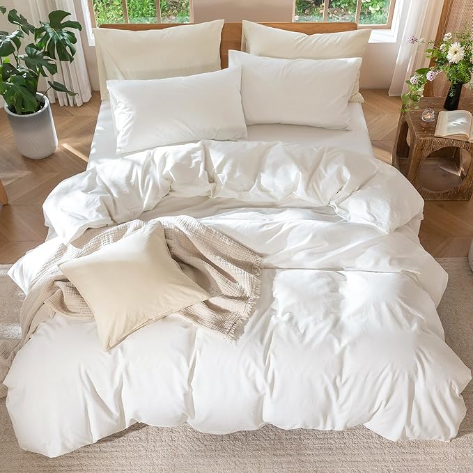 MooMee Bedding Duvet Cover Set 100% Washed Cotton Linen Like Textured Breathable Durable Soft Comfy (Solid Off White, Full 80"x90")