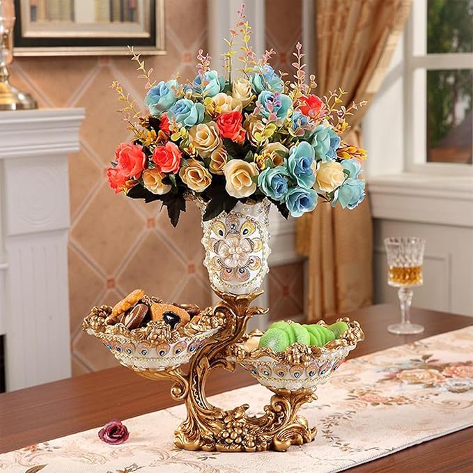 Elegant Large Flower Vases with 2 Tiered Fruit Bowl for Kitchen Counter, Resin Fruit Basket Plate for Snack, Candy Storage(White & Gold)