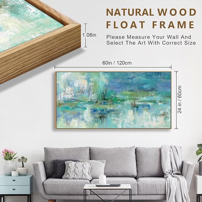 VEAEE Framed Abstract Wall Art - Teal Turquoise Green Colorful Modern Canvas Pictures, Living Room Wall Decor, Contemporary Landscape Painting Prints for Bedroom Bathroom Office Decor 24" x 48"