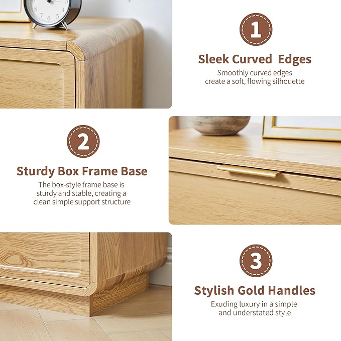 Turtle&Myrtle Modern 3 Drawer Dressers for Bedroom, 26'' Wide Wood Nightstand w/3 Storage Drawers, End Table, Dresser & Chest of Drawers with Curved Profile for Living Room Entryway, Natural