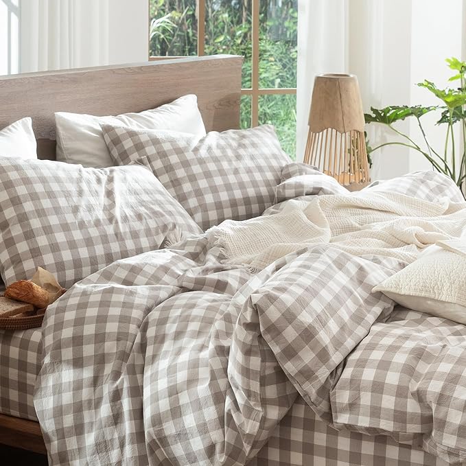 MooMee Gingham Duvet Cover Set 100% Washed Cotton Linen Like Textured Breathable Durable Soft Comfy Modern Checkered Design (Buffalo Plaid Tannish Linen Grey, Twin 68"x90")
