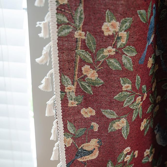 ENJOYBRIDAL Floral 96 Inch Curtains for Living Room Maroon Drapes Bird Pattern Jacquard Long Window Curtain Panels Rod Pocket Bedroom Farmhouse Boho Tassel Semi Blackout 2 Panels Window Treatments