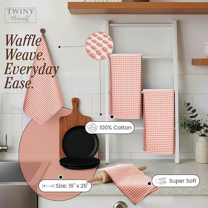 TWINY threads Circle Waffle Kitchen Dish Towels 4 Pack, 16"x26", 100% Cotton, Super Absorbent, Heavy Duty, Quick Drying Dishcloth Set, Premium Wash Rags for Drying Dishes, Cooking, Bright Orange