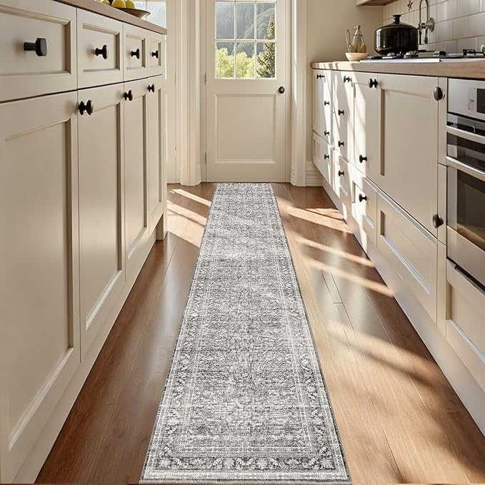 OPPODREAM Vintage Grey 2x12 Runner Rug, 2 x 12 Retro Washable Rug Non Slip, Low-Pile Faux Wool Carpet, Distressed Gray Floor Mat for Kitchen, Hallway, Entry-Way, Entrance, Indoor Back Door