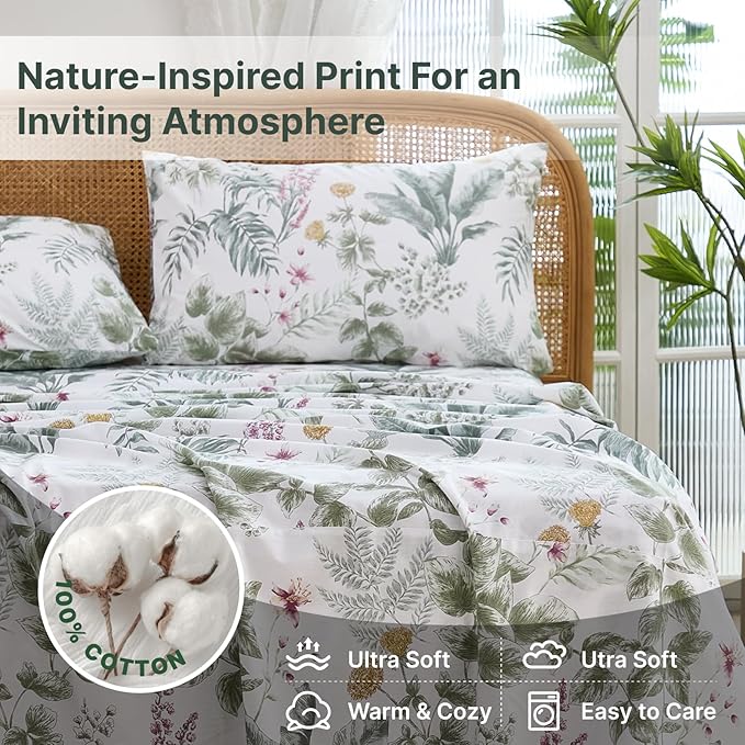 100% Cotton Sheet Set Queen Size – 4-Piece Vintage Sage Green Floral Bedding Set, Soft Breathable Percale Weave, Deep Pocket Fitted Sheet 17.5", Crisp Cool Feel, Refined Botanical Elegance