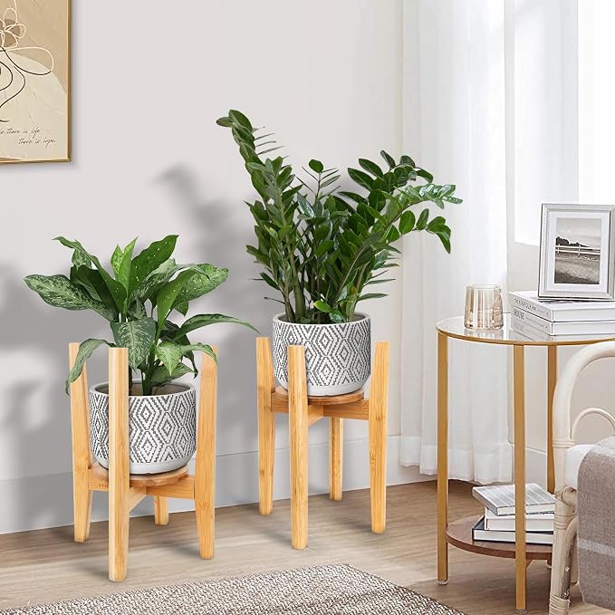 Adjustable Plant Stand with Tray,Indoor Wood Plant Stand Fit 8'' to 12'' Planter,Mid Century Modern Flower Pot Holder Rack(Plant and Pot Not Included)