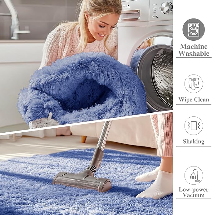 OLANLY 2x6 Machine Washable Runner Rugs for Hallway, Soft Fluffy Shaggy Bedside Rugs for Bedroom, Living Room, Indoor Floor Carpet for Kids Girls and Boys, Home Decor Aesthetic, Denim Blue