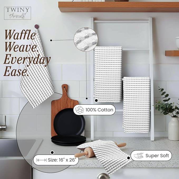 TWINY threads Waffle Kitchen Dish Towels Pack of 4, 100% Cotton 16"x26" Dishcloths Set, Soft, Durable & Highly Absorbent Waffle Weave Tea Towels for Everyday Kitchen Use, Light Grey, White