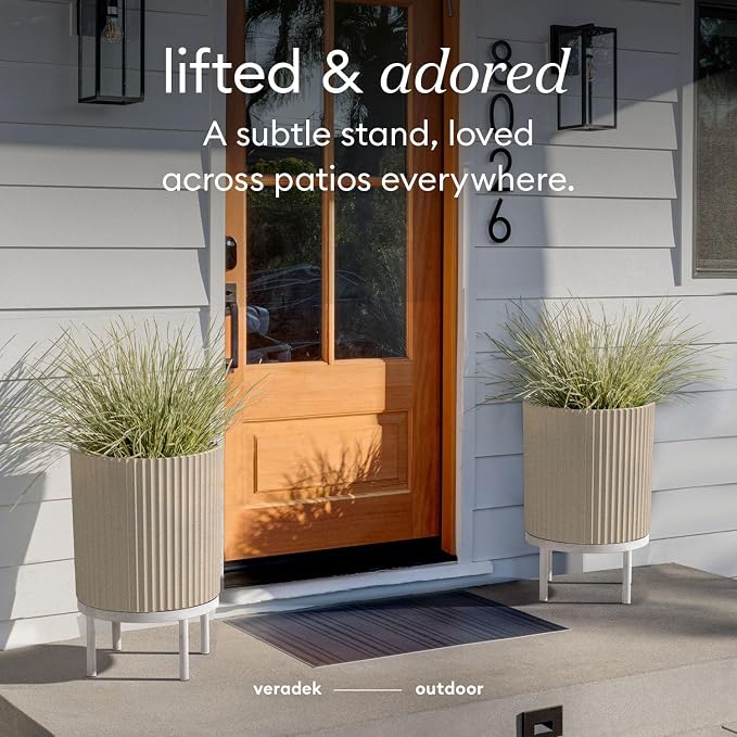Veradek Demi Series Round Planter w/Stand for Porch/Patio | Durable Plastic-Stone Composite & Wooden Stand | Modern Décor for Tall Plants, Flowers