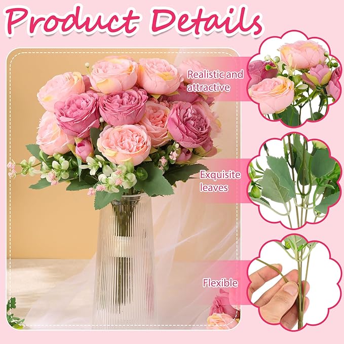 Olgaa 12 Bundles Peonies Artificial Flowers Artificial Peonies Silk Flowers Bulk Fake Peony Bouquet for Bridal Shower Decorations Wedding Table Centerpiece (Pink)