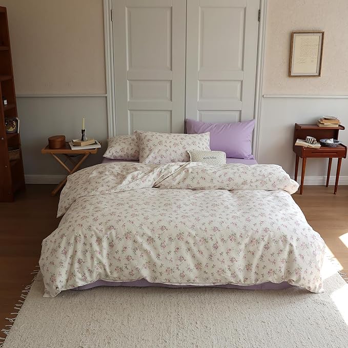 Vintage Style Pink Purple Floral Duvet Cover King 100% Cotton Chic Garden Floral Bedding Set Botanical Flower Comforter Cover with 2 Pillowcases Cottagecore Bedding Cover King with Zipper Closure