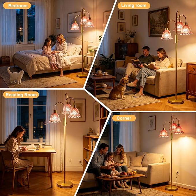Lightdot 3-Light Glass Floor Lamp for Living Room, 70" Gold Dimmable Standing Tall Lamp with Deep Red Ribbed Glass Shades &3PCS 3000K Warm White Bulbs, Modern Tree Pole Lamp for Bedroom Home Decor