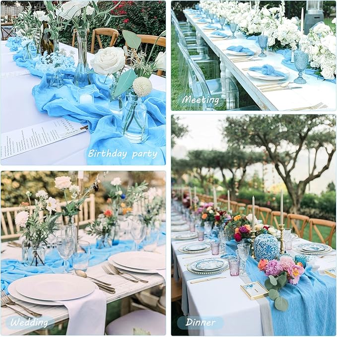12 Pack 10Ft Cheesecloth Table Runner 35x120 Inch Boho Gauze Table Runner Rustic Cheese Cloth Long Romantic Table Runners for Wedding Bridal Shower Birthday Party Table Decor (Baby Blue)