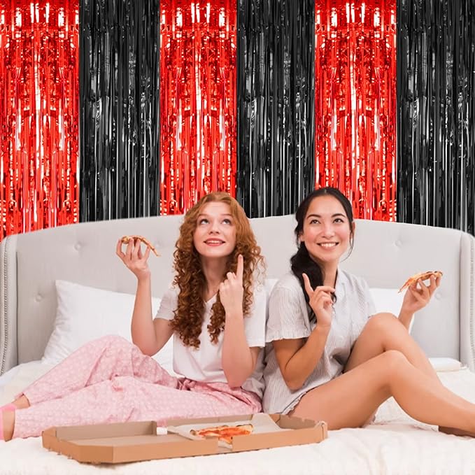 2 Pack 3.2x8.2 Feet Black and Red Foil Fringe Curtains Party Decorations, Tinsel Curtain Backdrop Streamers for Birthday Graduation Fiesta Stranger Theme Halloween Christmas Party Supplies