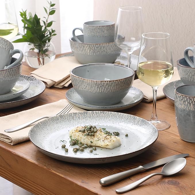 Gibson Elite Jasper 16 Piece Plates and Bowls Reactive Glaze Dishes Stoneware Ceramic Dinnerware Set - Service for 4 - Grey